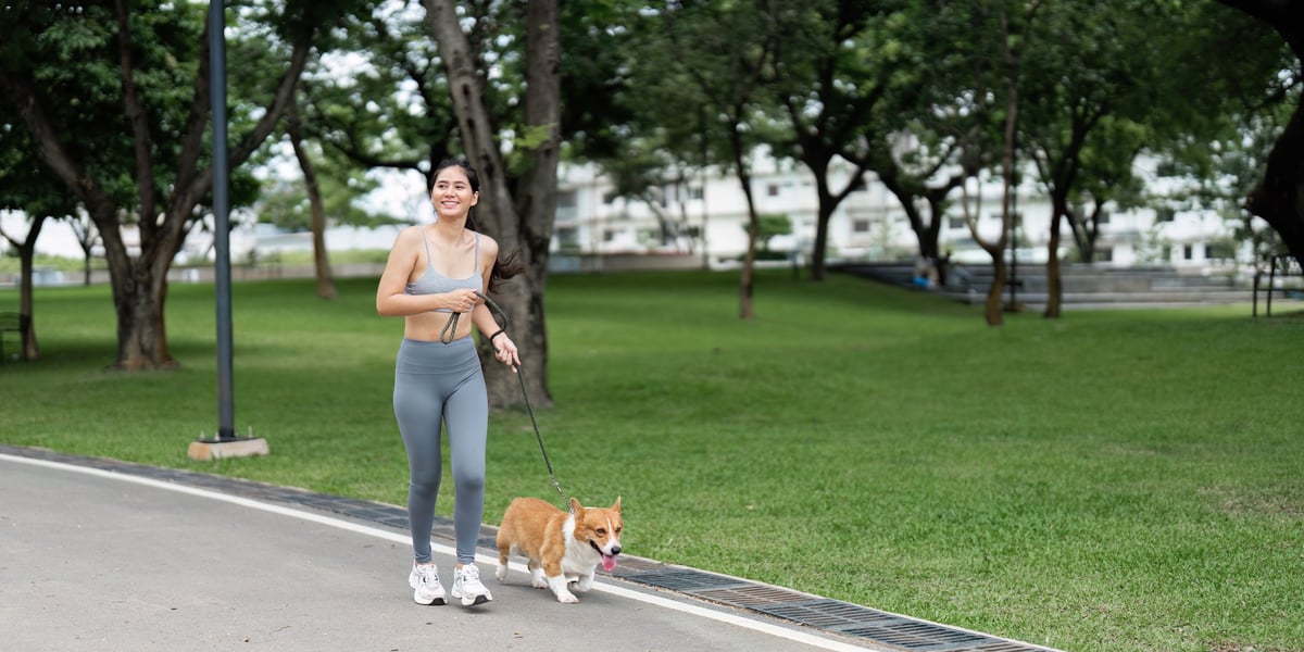 Young woman jogging happily with her corgi in a green park
